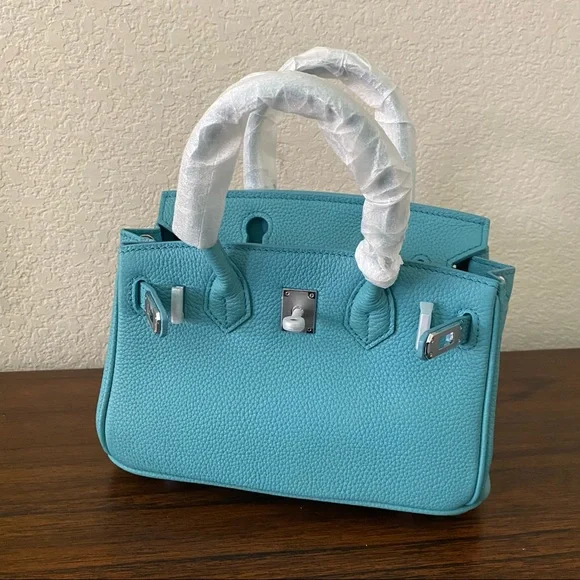 Turquoise Mini 20 Pebble Leather Lock Key Belted Satchel Bag Crossbody S14/B1 - Picture 6 of 13